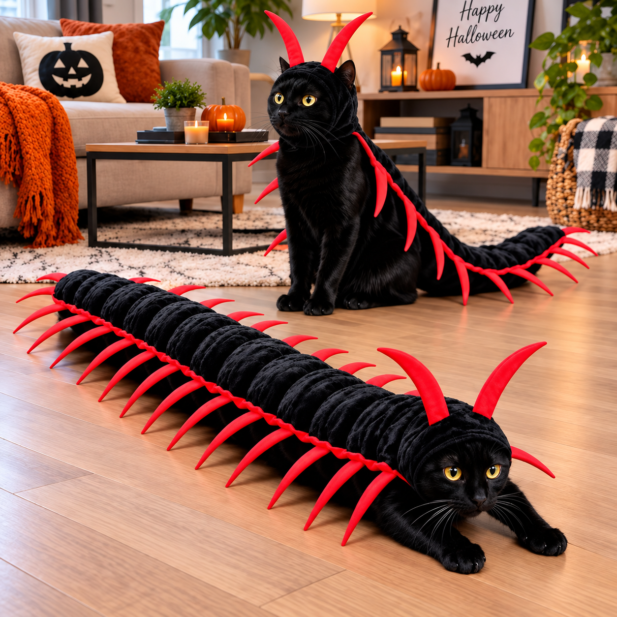 Black cat in Petipede costume, cozy Halloween living room
